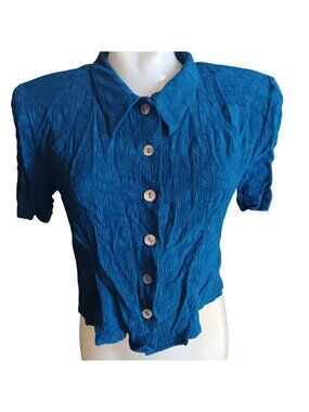 Vintage Karin Stevens sz 8 Blue Blouse Textured Rayon Shell Buttons Padded 90's